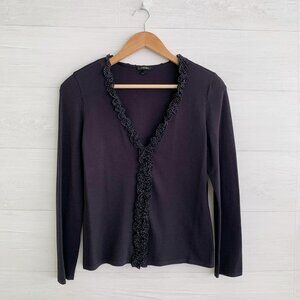 Escada - Black rayon ruffled v-neck cardigan sweater Made in Germany, sz 36 (S)